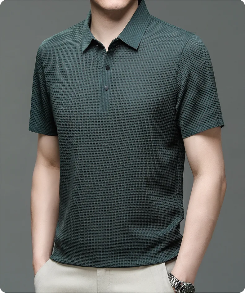 Textured Basket-Weave Button-Up Polo Shirt for Men image 11