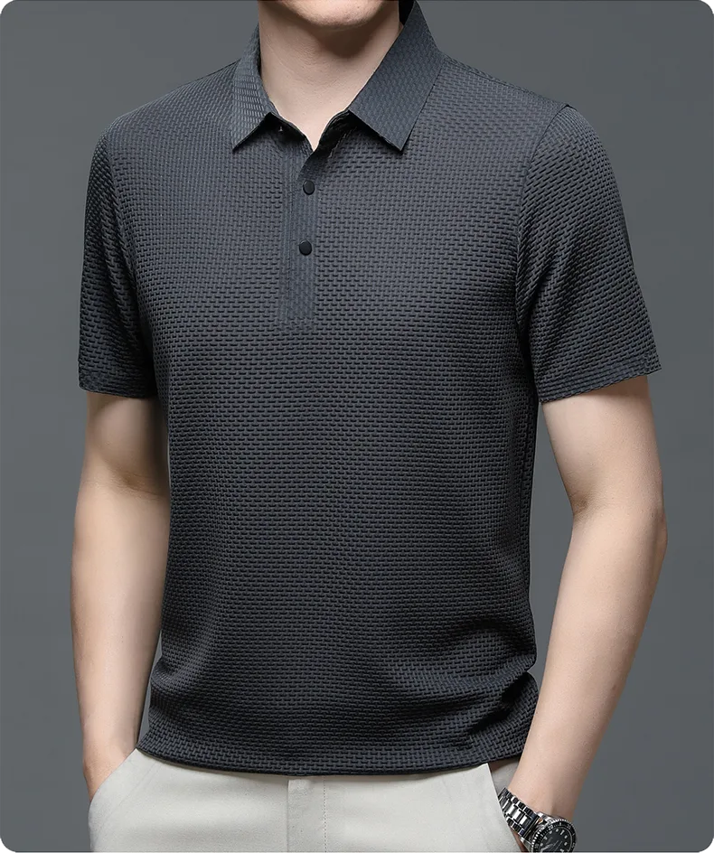 Textured Basket-Weave Button-Up Polo Shirt for Men image 12