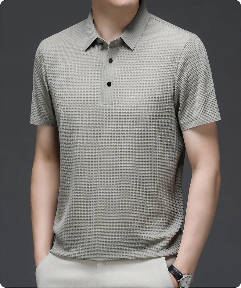 Textured Basket-Weave Button-Up Polo Shirt for Men image 13