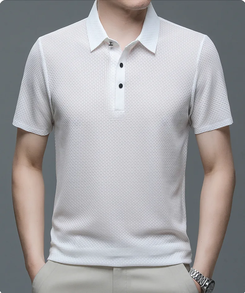 Textured Basket-Weave Button-Up Polo Shirt for Men image 14