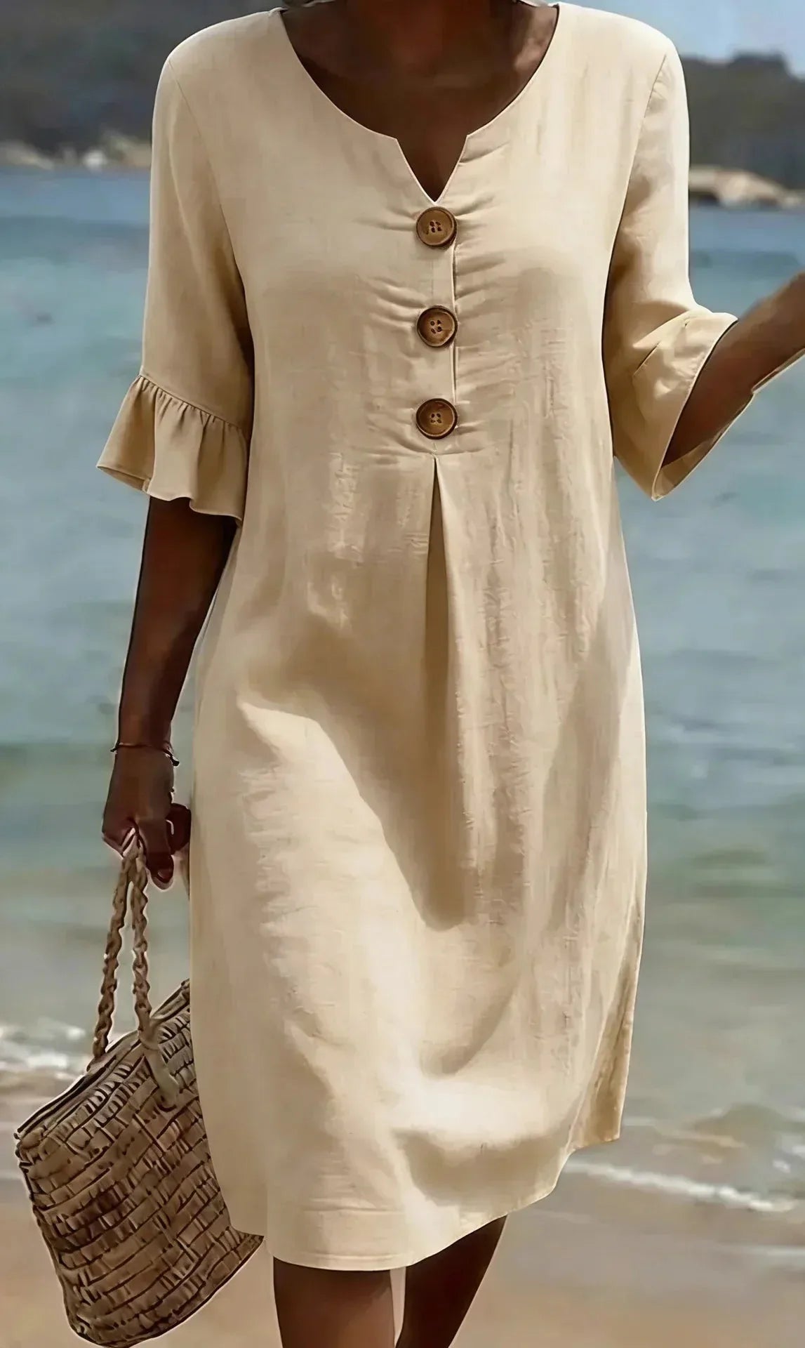 Textured Linen-Look Shift Dress with Ruffle Sleeves for Women image 10