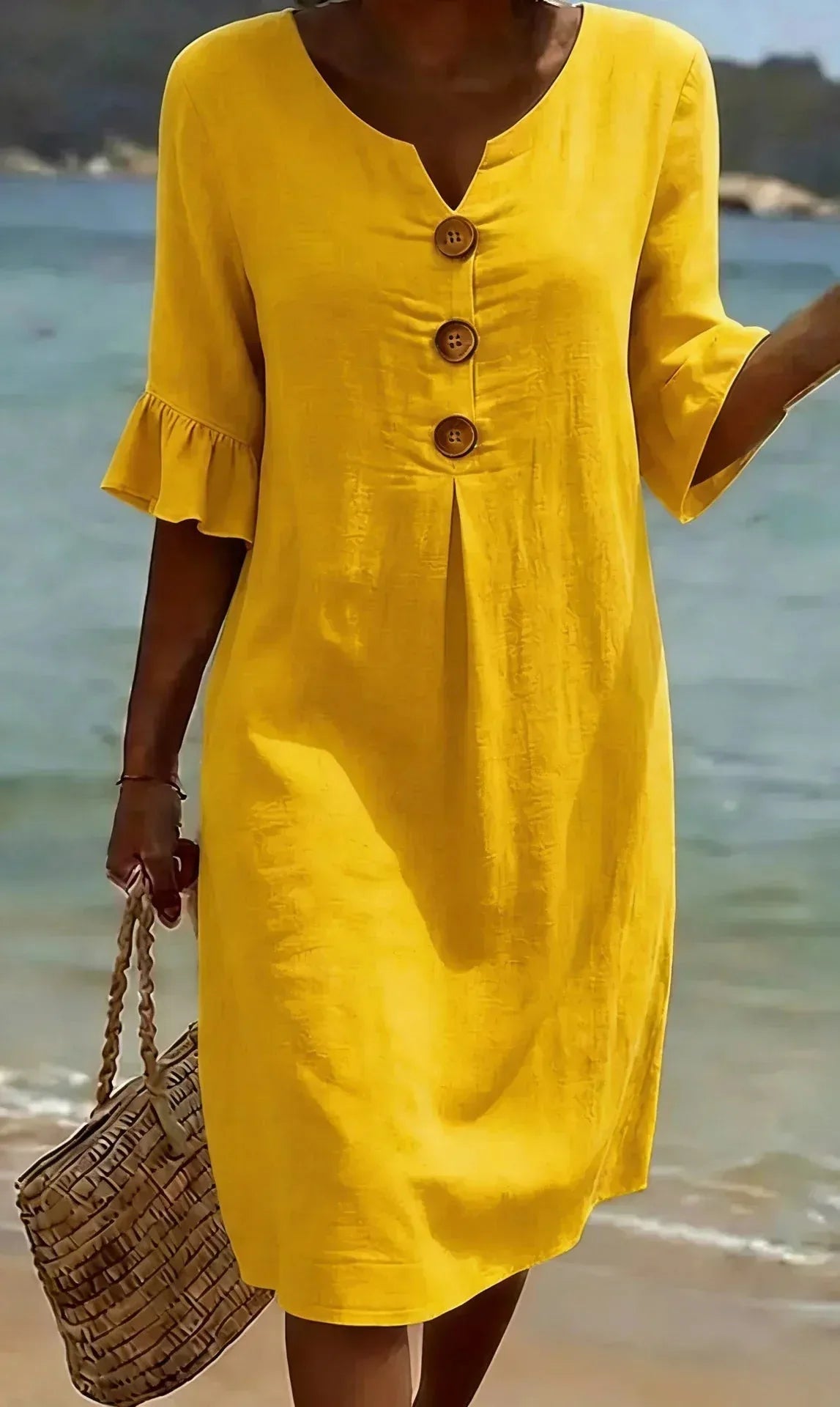 Textured Linen-Look Shift Dress with Ruffle Sleeves for Women image 11