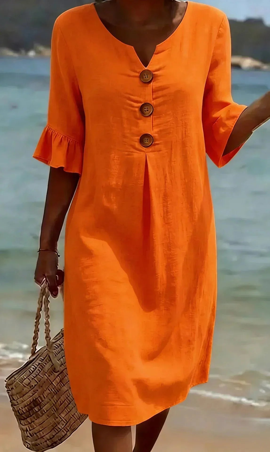 Textured Linen-Look Shift Dress with Ruffle Sleeves for Women image 9