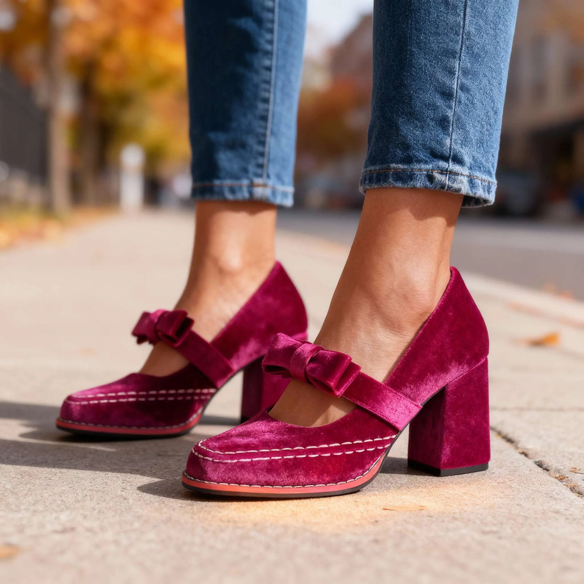 Side view of burgundy velvet mary jane heels with velvet bow strap and contrast stitching on model