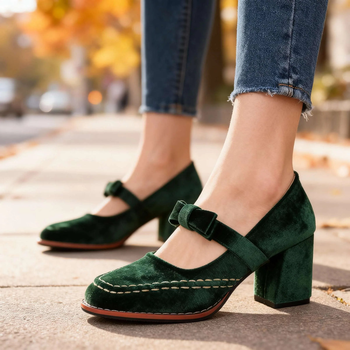 Green velvet mary jane heels with bow strap, showing block heel and stitched toe detail