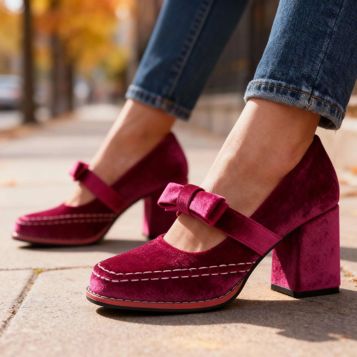Close-up of burgundy velvet mary jane heels highlighting the bow strap and block heel shape