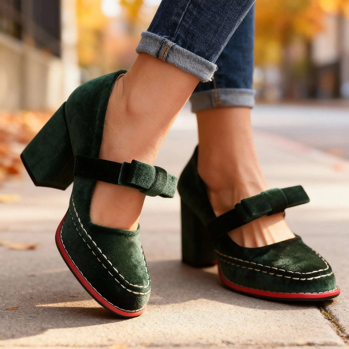 Angled view of dark green velvet mary jane heels with strap buckle and block heel