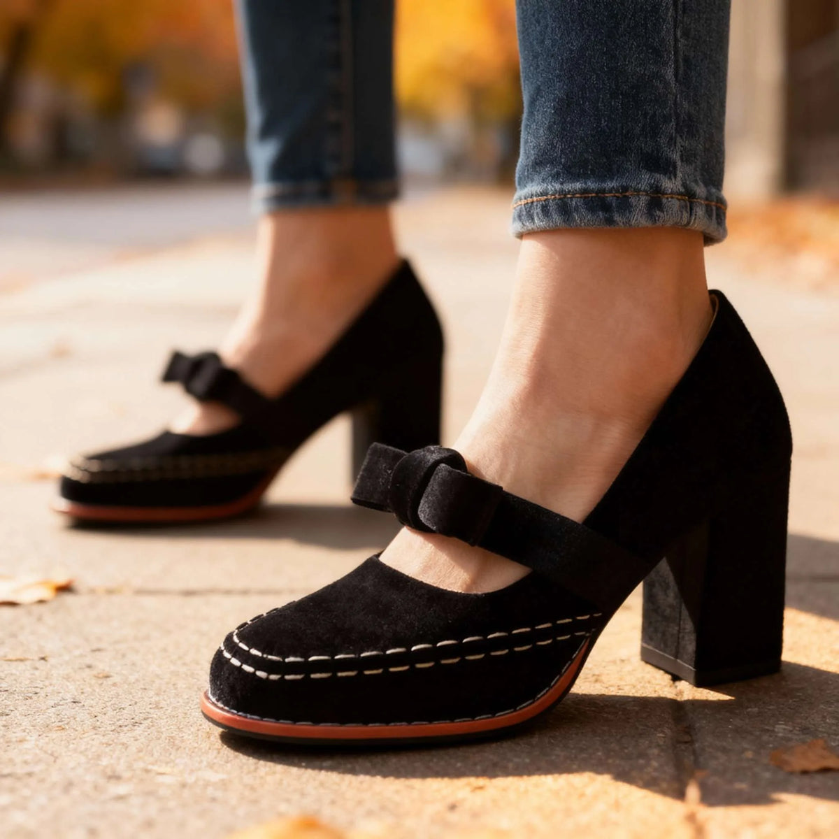 Front view of black velvet mary jane heels showing stitched moccasin-style toe and bow strap