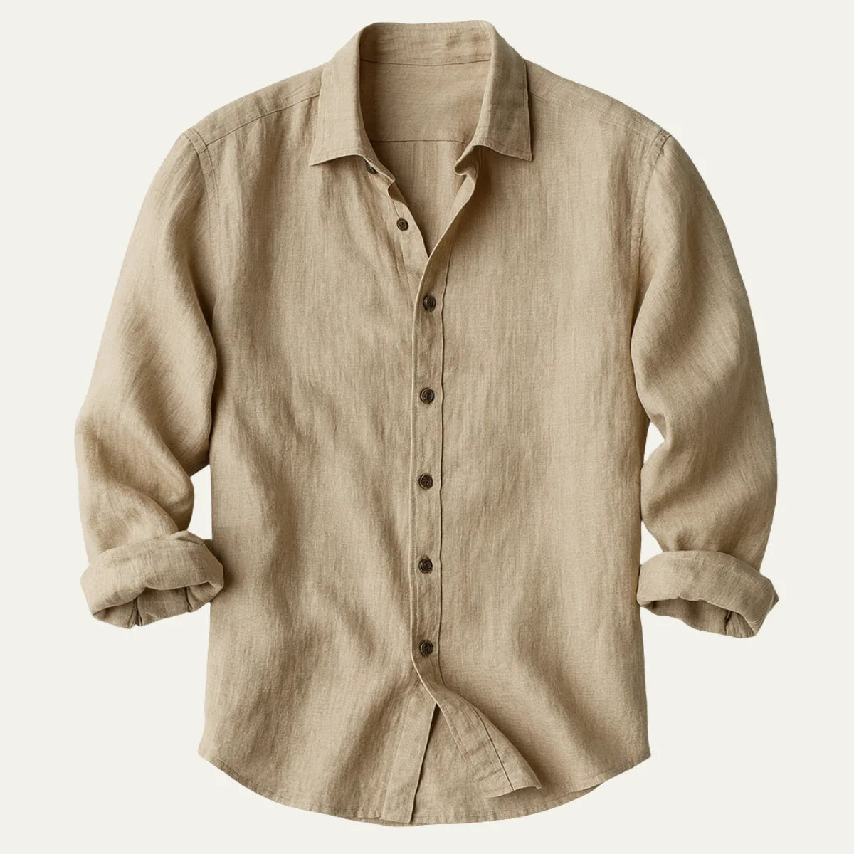 Khaki linen shirt folded flat, showing classic spread collar and brown button placket