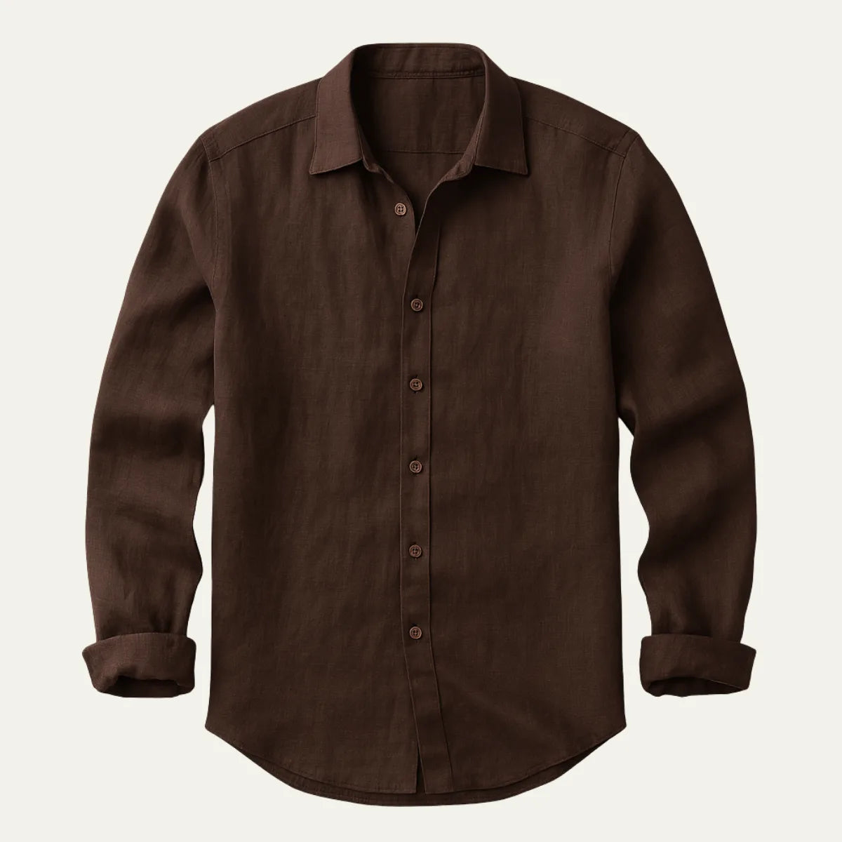 Front view of pink linen shirt folded flat with spread collar and button placket