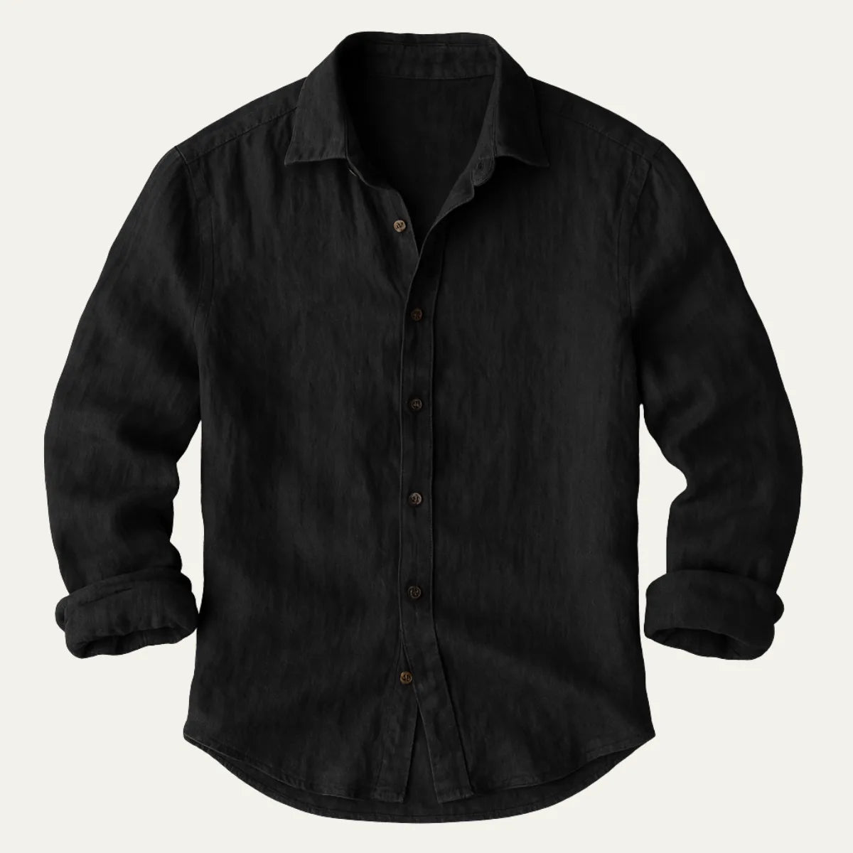 Brown linen shirt folded flat showing the relaxed collar and tonal button detail