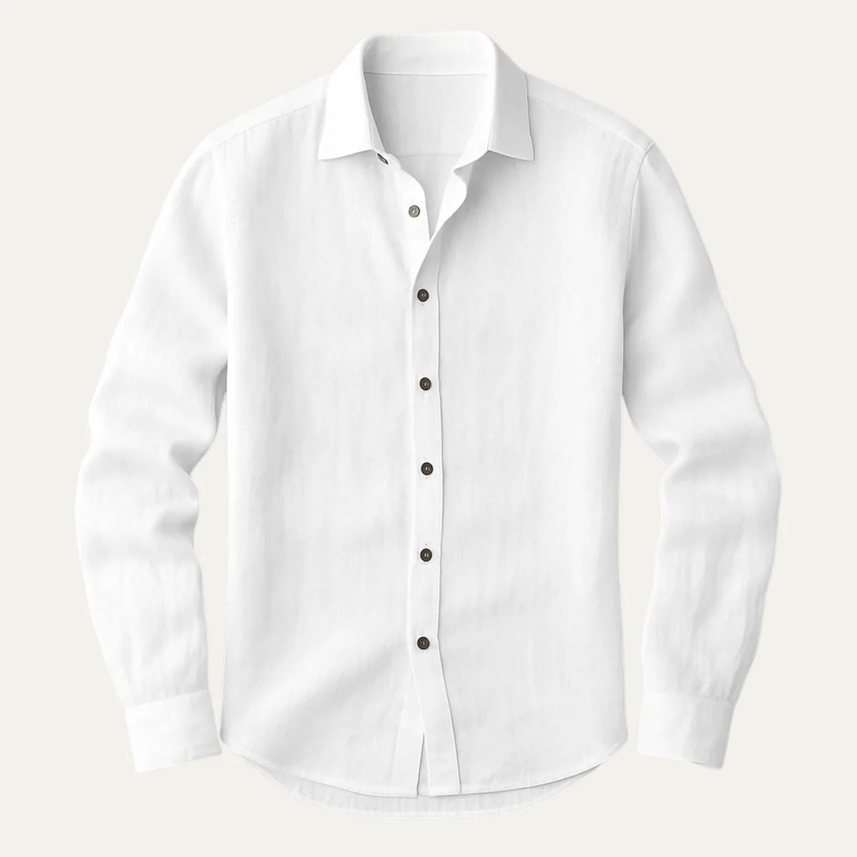 White linen shirt folded flat, showing full button placket and classic collar