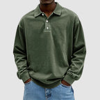 Army green long-sleeve polo jumper with turn-down collar, button placket and soft faded wash finish