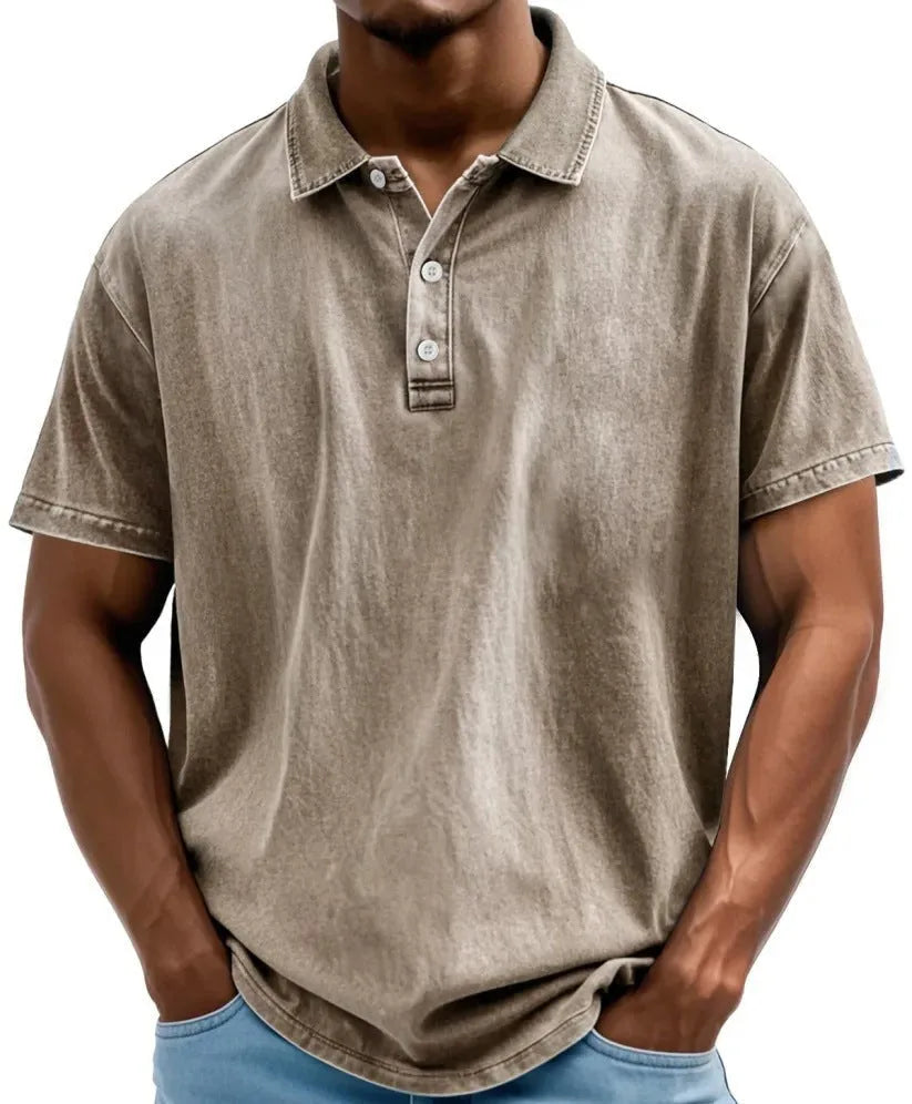 Khaki washed polo shirt with collar and three-button placket, short sleeves and relaxed fit