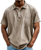 Khaki washed polo shirt with collar and three-button placket, short sleeves and relaxed fit