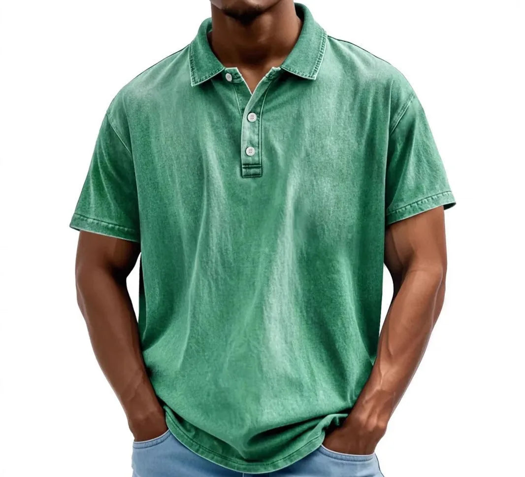 Close-up of washed polo collar and button placket showing fabric texture and stitching detail
