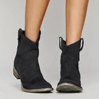 Taupe suede ankle boots shown from behind, highlighting the stacked block heel and weathered sole edge.