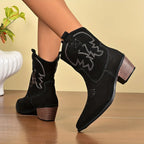Close-up pair of light brown suede ankle boots beside a woven basket of flowers, showing embroidered shaft detail