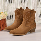 Close-up pair of black suede western ankle boots with embroidered shaft stitching and pull tabs, standing upright