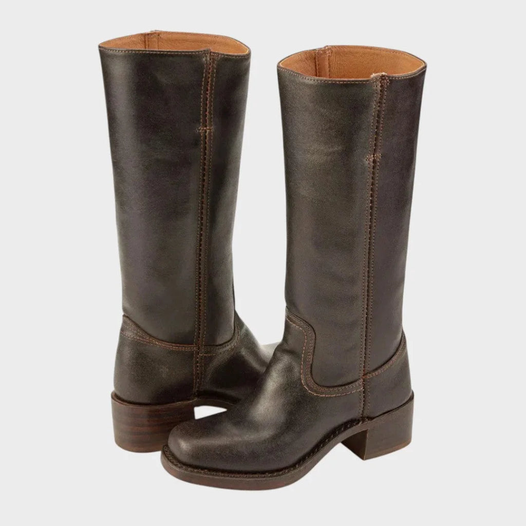 Side view of dark brown leather campus boots with contrast stitching and stacked wooden block heel