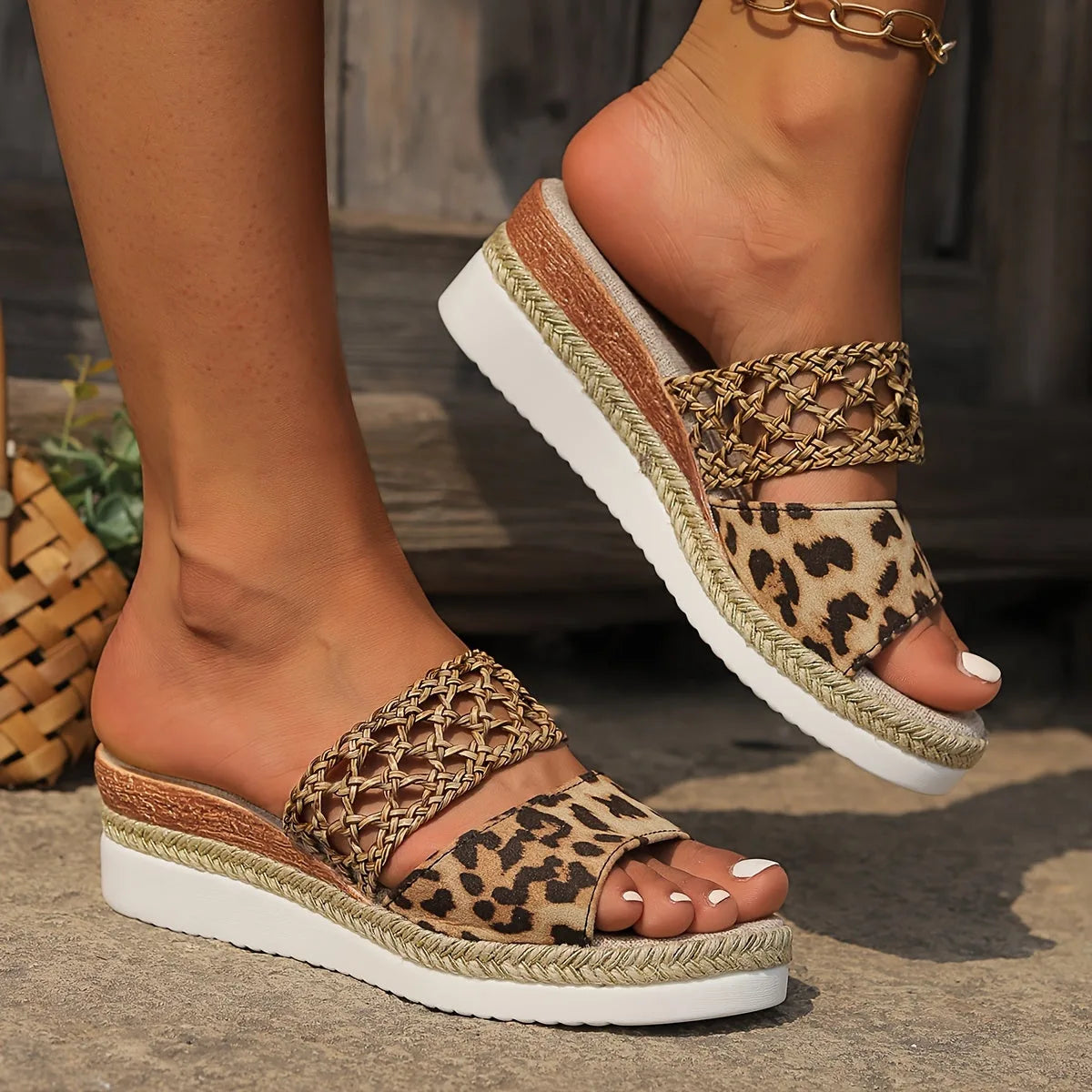 Front angle of leopard print sandals with gold woven straps, showing espadrille rope trim around the white sole