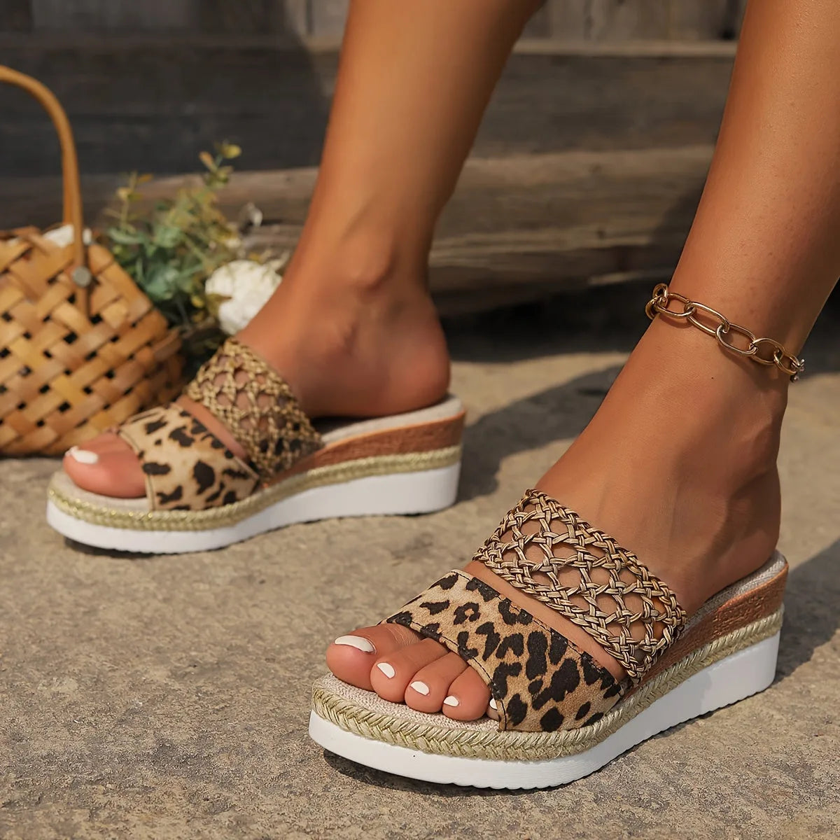 Angled close-up of leopard print sandal with gold woven ankle strap, worn with a gold chain anklet