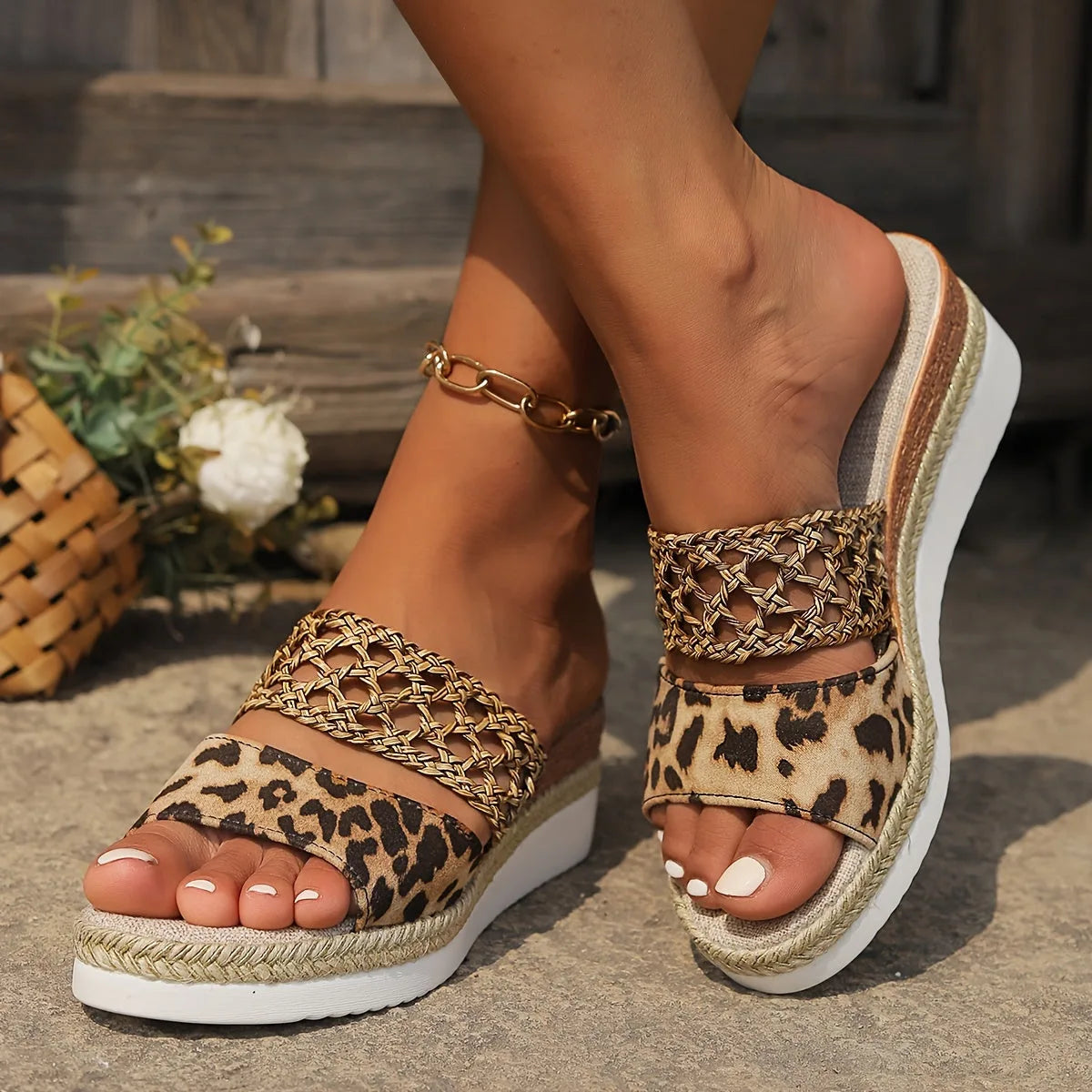 Close-up of white woven strap sandal with colourful butterfly print band and jute-wrapped wedge sole
