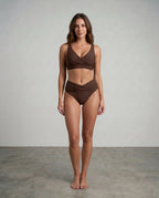 Front view of a brown high-waisted bikini bottom showing the crossover waistband and ruched sides