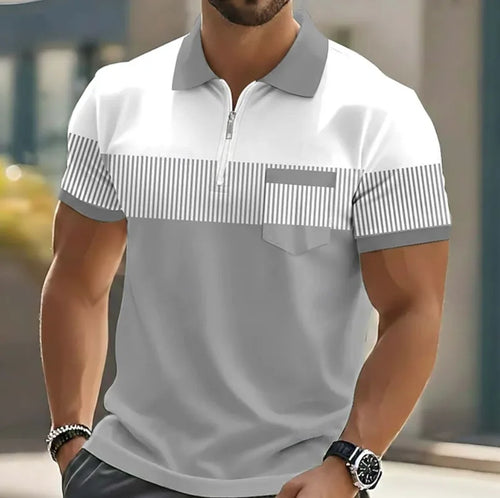 Man wearing a grey and white striped zip-neck polo shirt with chest pocket and short sleeves, front view