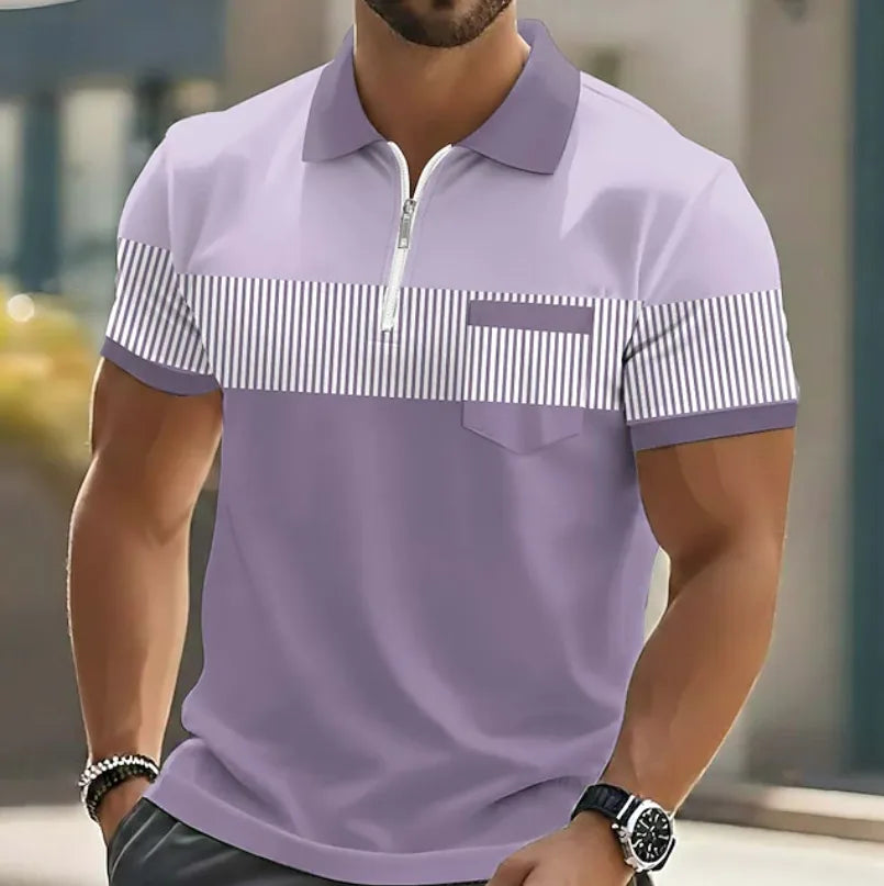 Close-up front view of a lilac purple polo shirt with white striped panel, zip collar and chest pocket
