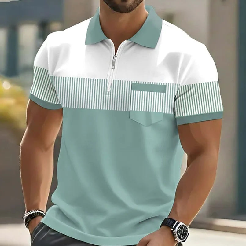 Man modelling a sage green and white striped zip-up polo shirt with short sleeves and front pocket
