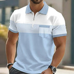 Front view of a light blue and white colour-block polo shirt featuring a zip collar and striped trim