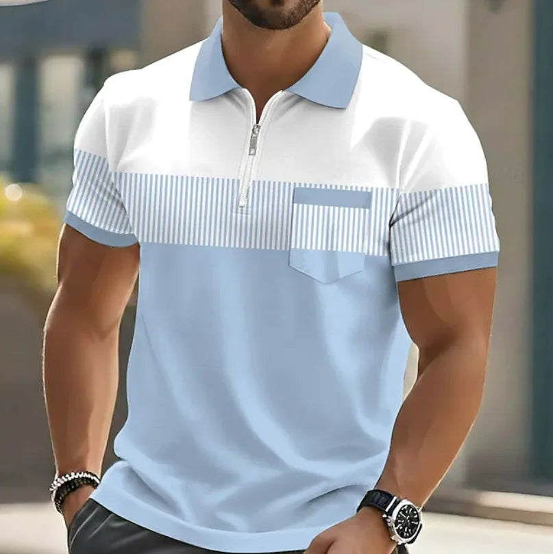 Front view of a light blue and white colour-block polo shirt featuring a zip collar and striped trim